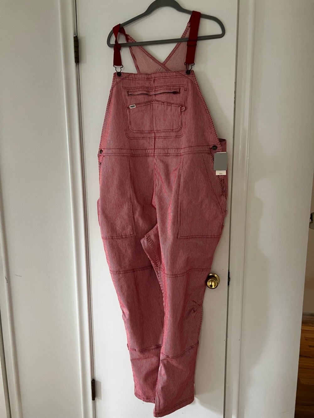 Duluth Trading Co Pink Cotton Overalls with Red Straps - Picture 2 of 6